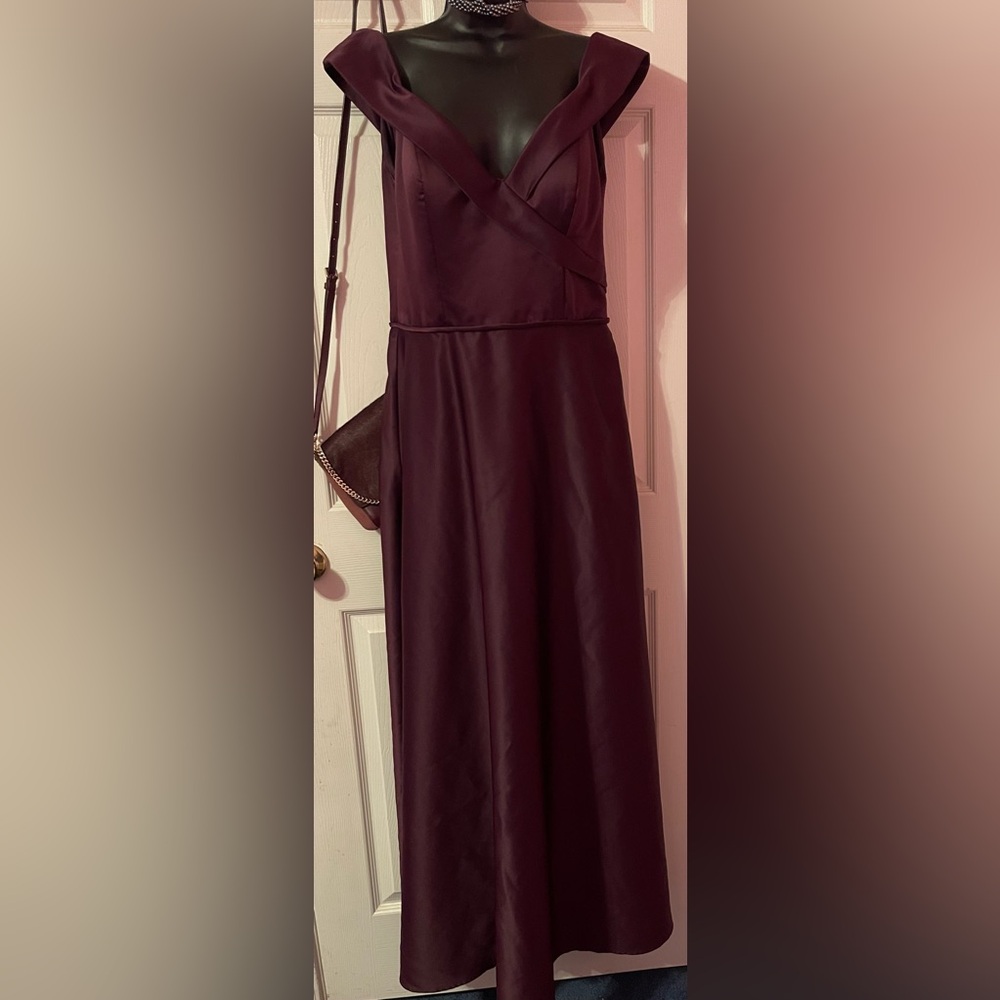 Mori Lee Burgundy Satin Off the Shoulder Evening Gown Size Tall 12